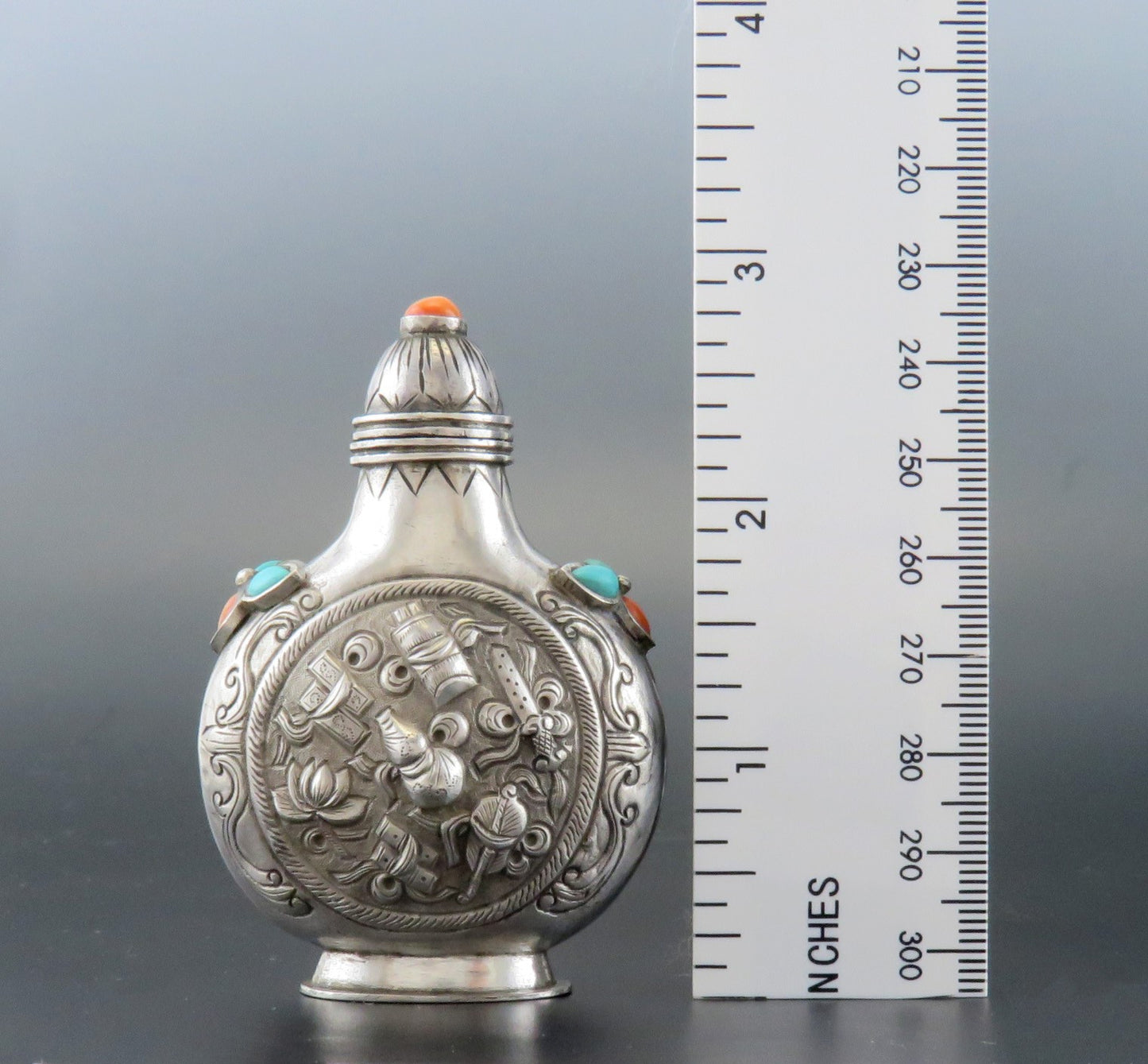 c1850 Antq Hand Chased Chinese Silver Snuff Bottle w/ Turquoise and Coral Inlay