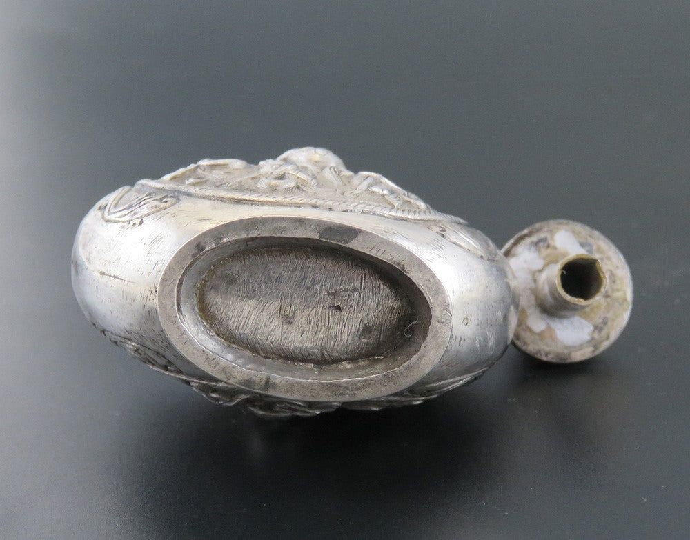 c1850 Antq Hand Chased Chinese Silver Snuff Bottle w/ Turquoise and Coral Inlay