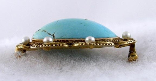 Elegant Art Nouveau 14K Gold Turquoise Pearl Pin Brooch c1900