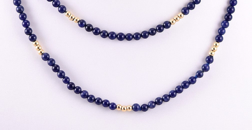 Elegant Long Dark Blue Sodalite Necklace w/ 14k Yellow Gold Beads, 33 inches