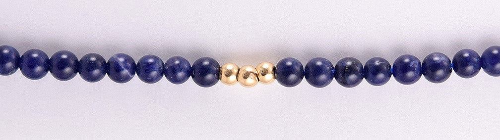 Elegant Long Dark Blue Sodalite Necklace w/ 14k Yellow Gold Beads, 33 inches