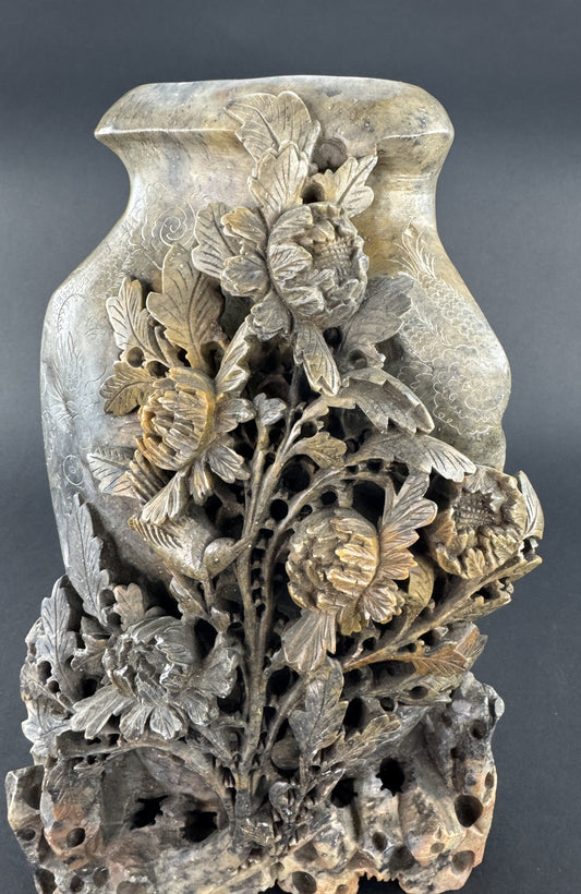 Excellent c1900 Chinese Hand Carved Soapstone Peonies Bird Sculpture Vase