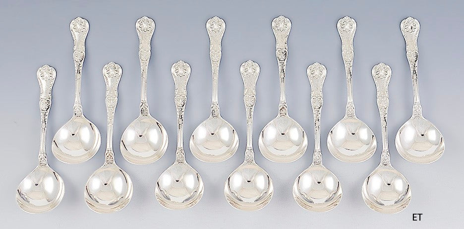 12 Gorham Sterling Silver King George Bouillon Round Soup Spoons 4 3/4"