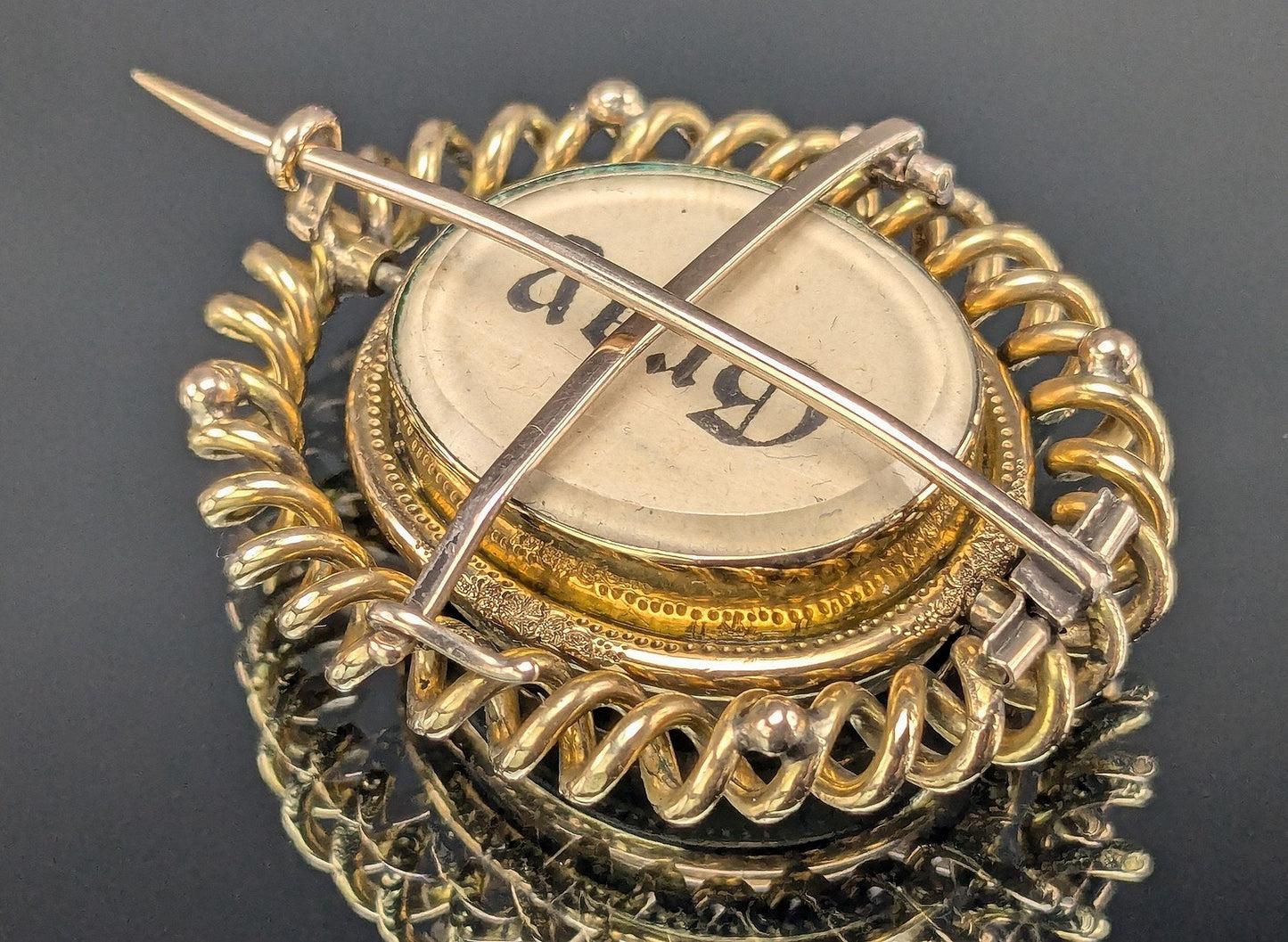 Rare Victorian Swivel Reversible Memorial Goldfilled Pin w/ Names: Gray, Guyot