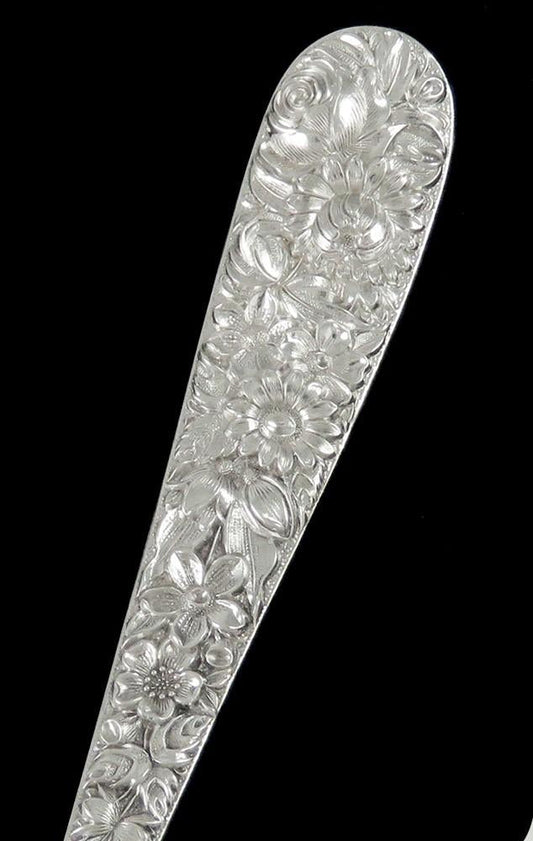 Kirk Repousse Chased Sterling Silver Flower Fruit Berry Serving Spoon 7 1/2"