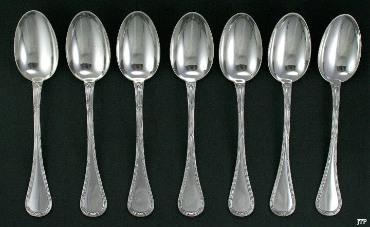 Antique c1905 French Silver Threaded Soup Table Serving Spoons 8 7/8"