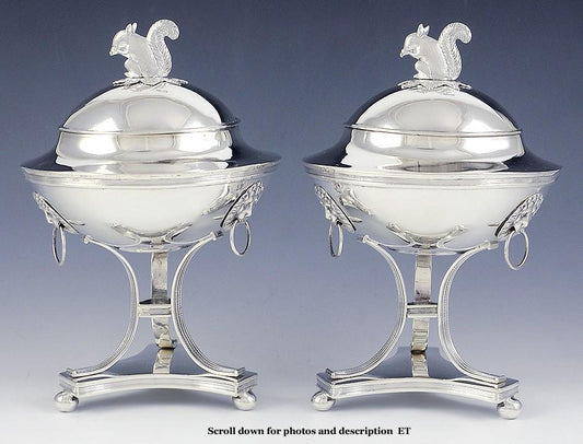 2 Antique 1816 Swedish Silver Squirrel Finial Covered Compotes Tureens Dishes