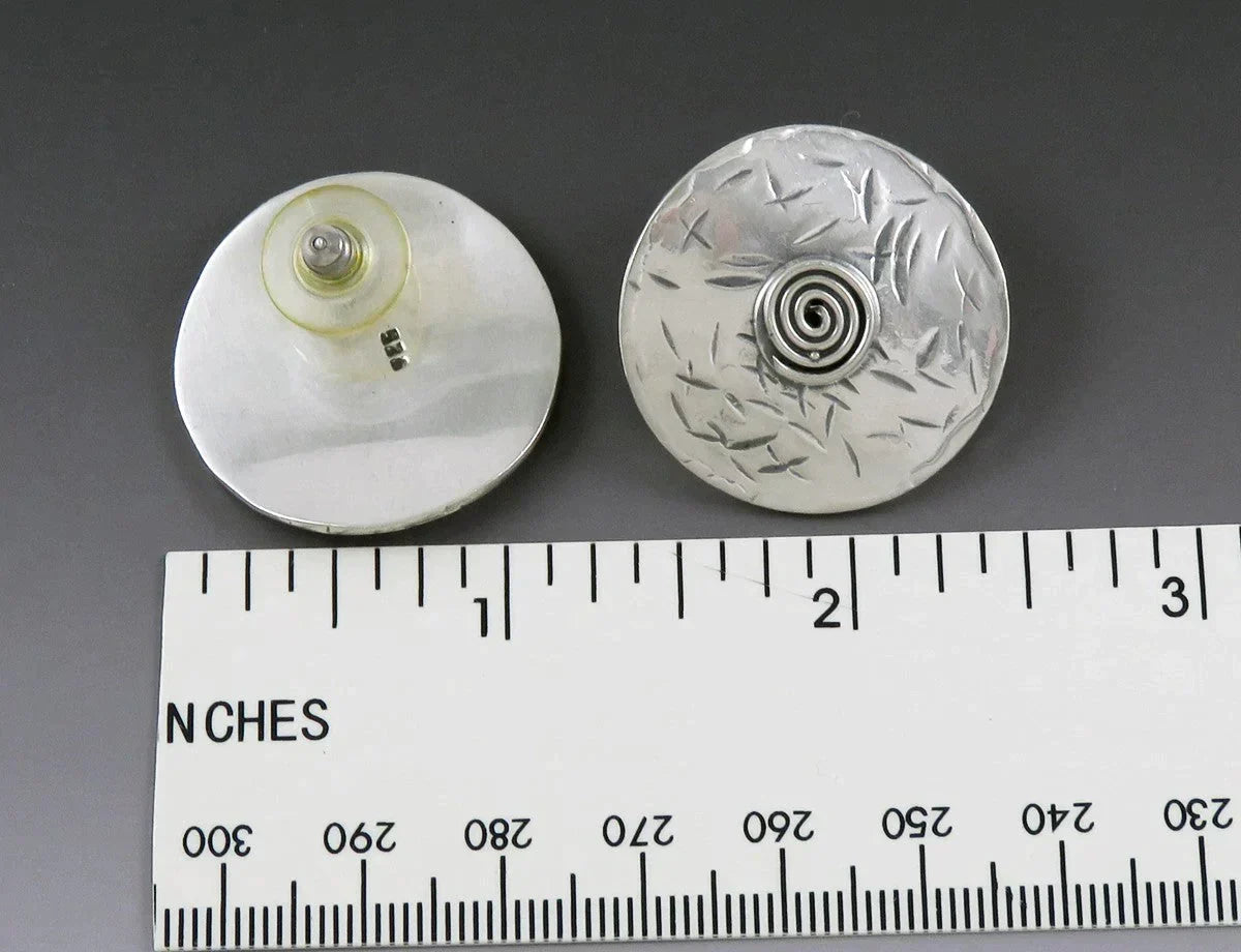 Lovely Pair Hand Made Artisan Sterling Silver Spiral Disk Earrings