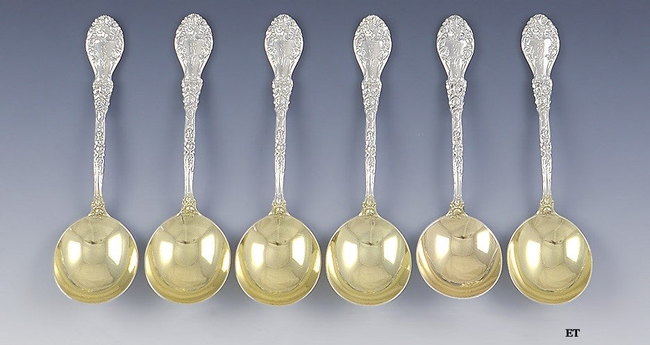 Great Set 6 Durgin Sterling Silver Round/Cream Soup Spoons Marechal Niel Pat.