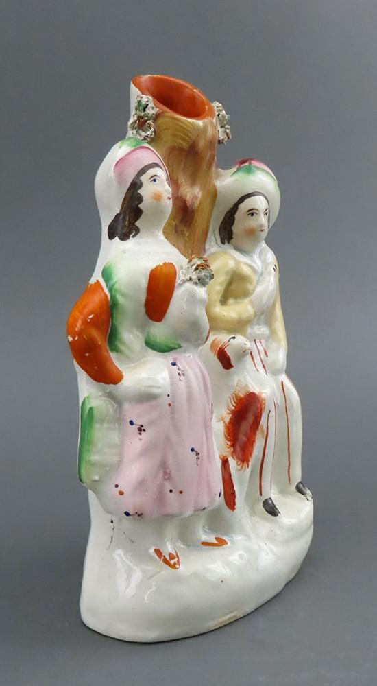 Fine Mid 1800s English Staffordshire Courting Couple w Dog Figurine Spill Vase