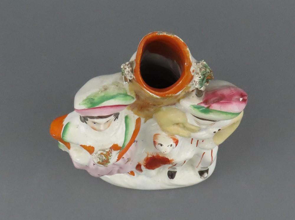 Fine Mid 1800s English Staffordshire Courting Couple w Dog Figurine Spill Vase