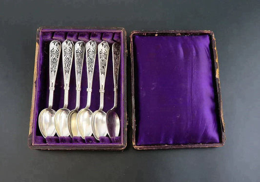 Rare Set 6 c1860s Mexican Silver Filigree Spoons Eagle and Snake Design