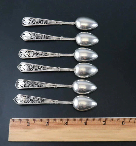 Rare Set 6 c1860s Mexican Silver Filigree Spoons Eagle and Snake Design