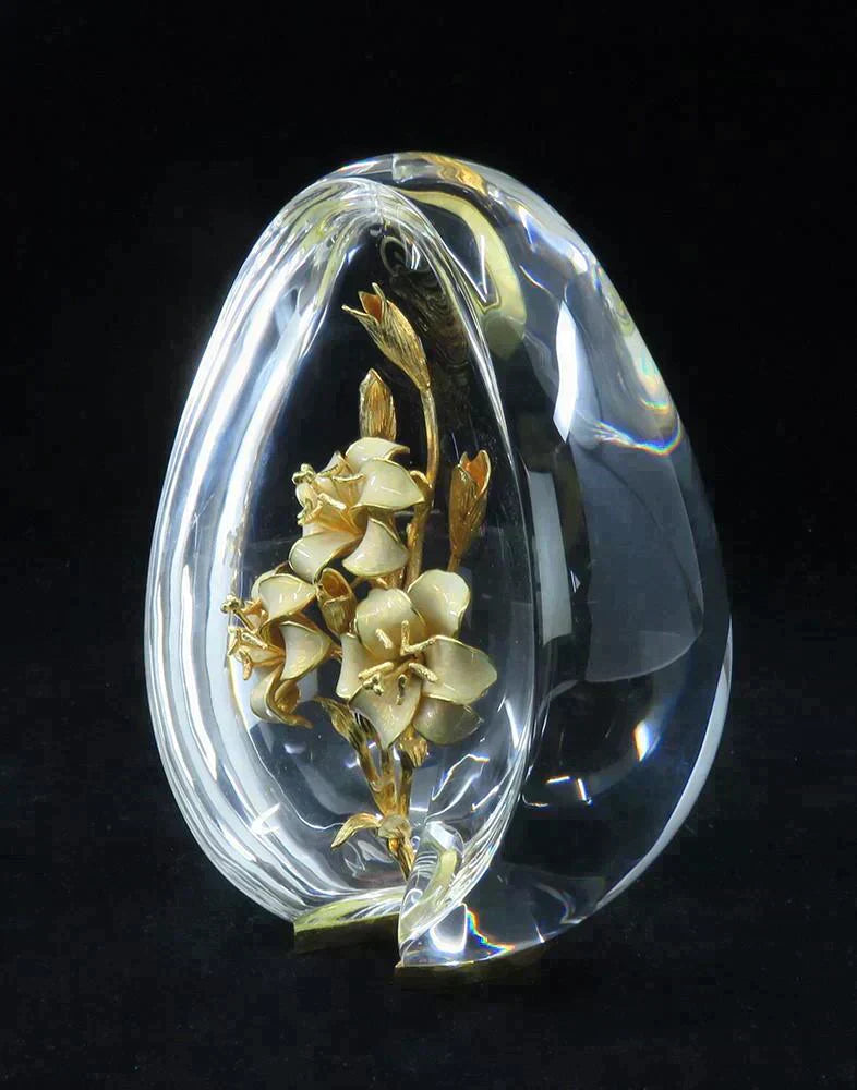 Steuben 18k Gold Enamel Lilies #1026 Easter Flower Ornament w Original Box