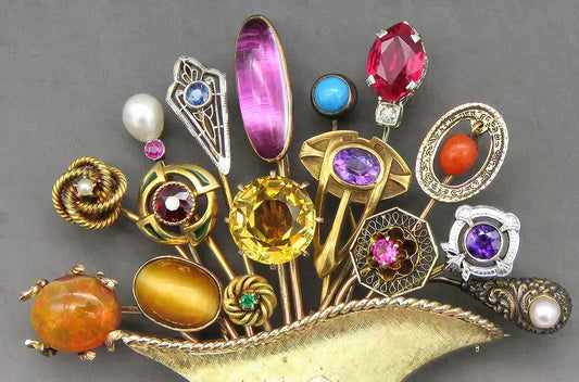 Incredible 14K Various Natural Gemstone Basket of Stickpins Custom Brooch