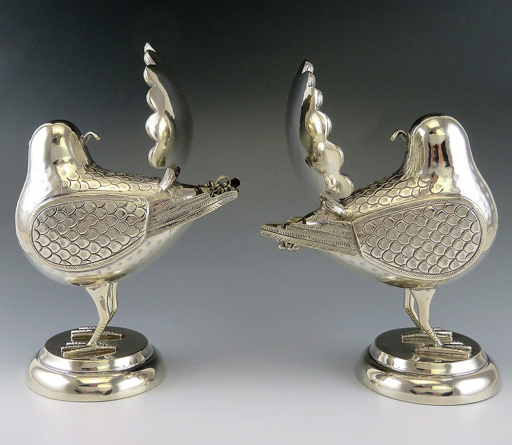 Pair of Mexican or Peruvian Whimsical Birds with Fan Tails 900 Purity Silver
