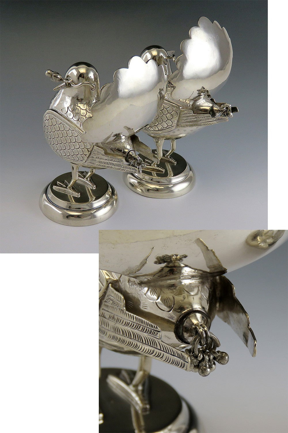 Pair of Mexican or Peruvian Whimsical Birds with Fan Tails 900 Purity Silver