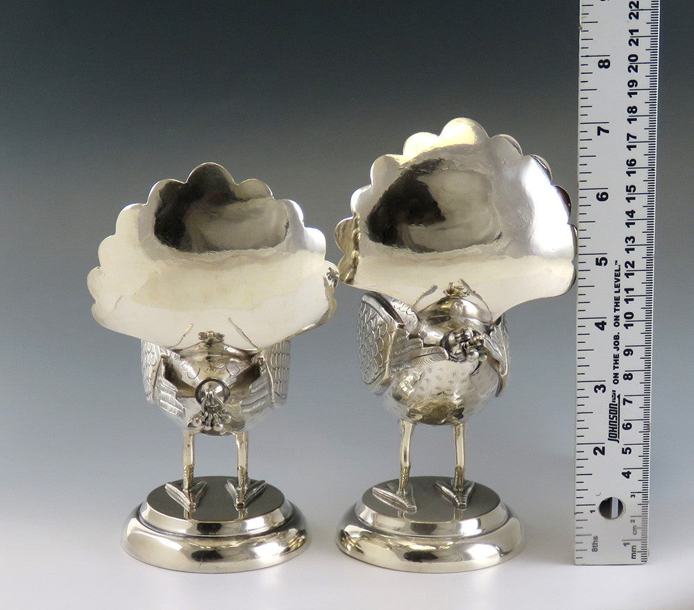 Pair of Mexican or Peruvian Whimsical Birds with Fan Tails 900 Purity Silver