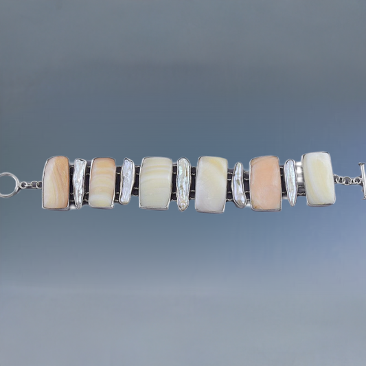 Stylish Sterling Silver Shell & Pearl Statement Bracelet