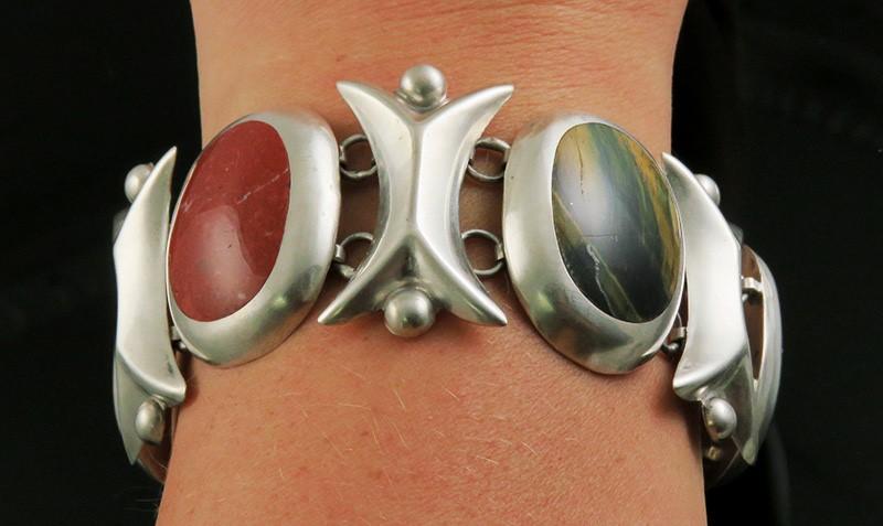 Vintage Mexican Sterling Silver & Agate Stone Bracelet