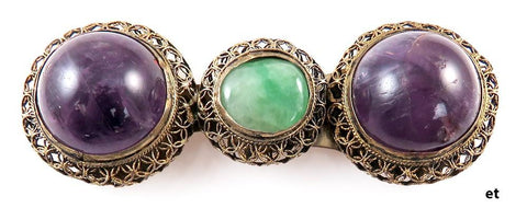 Antique Gold Plated w/ Large Amethyst & Jade Stone Belt Buckle