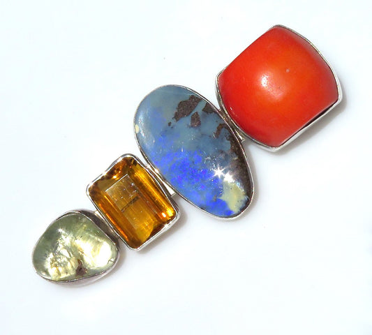 Signed Rebecca Collins Bless Our Earth Sterling Silver Opal Coral Citrine Brooch