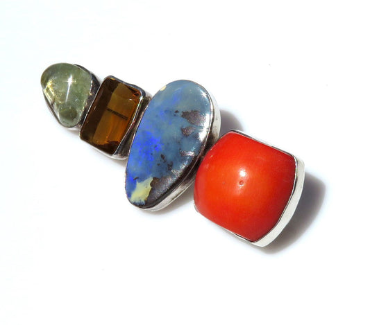 Signed Rebecca Collins Bless Our Earth Sterling Silver Opal Coral Citrine Brooch