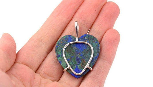 Glorious Modern Sterling Silver and Mottled Green Blue Stone Heart Pendant