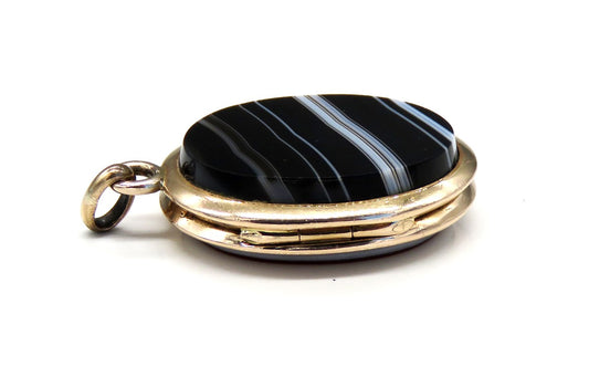 Antique Victorian 14K Yellow Gold Striated Agate Stone Photo Locket Pendant