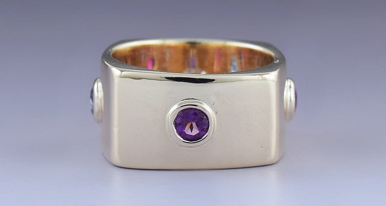 Stunning Modern 14k Yellow Gold Diamond Amethyst Ruby Sapphire Ring sz 4 3/4