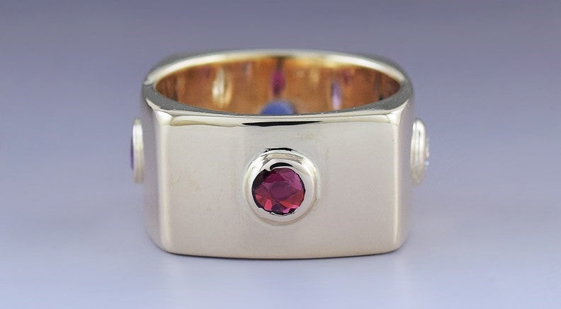 Stunning Modern 14k Yellow Gold Diamond Amethyst Ruby Sapphire Ring sz 4 3/4