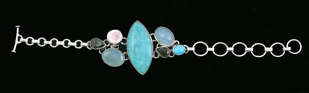 Stunning Sterling Silver Bracelet Smoky Quartz Turquoise Shell Chain Link