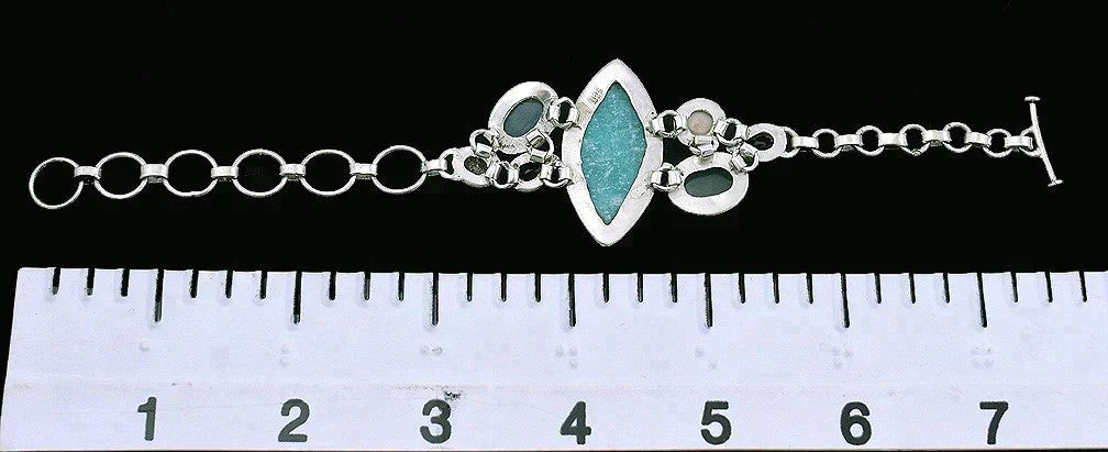 Stunning Sterling Silver Bracelet Smoky Quartz Turquoise Shell Chain Link