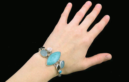 Stunning Sterling Silver Bracelet Smoky Quartz Turquoise Shell Chain Link