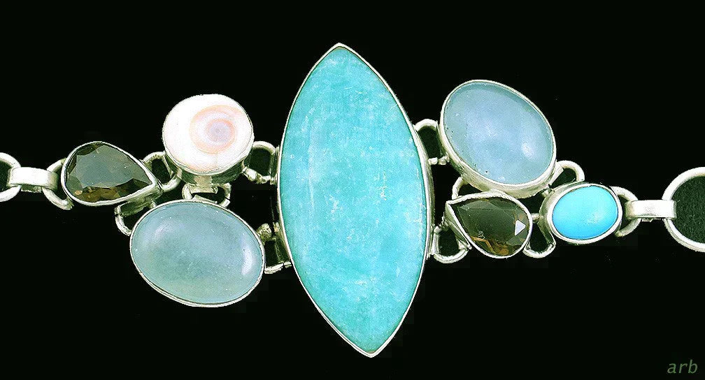 Stunning Sterling Silver Bracelet Smoky Quartz Turquoise Shell Chain Link
