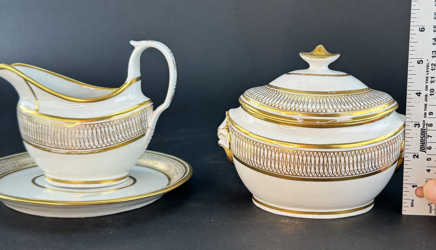 c1790-1820 English Gold White Sugar Bowl Creamer or Gravy Boat w Underplate
