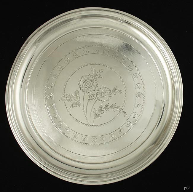 Antique 1920s Russian Silver Flower Engraved Serving Platter/Tray 10 1/4"