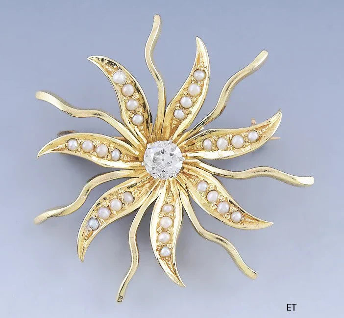 Lovely c1910s 14k Gold Diamond & Seed Pearl Starburst Pin / Brooch