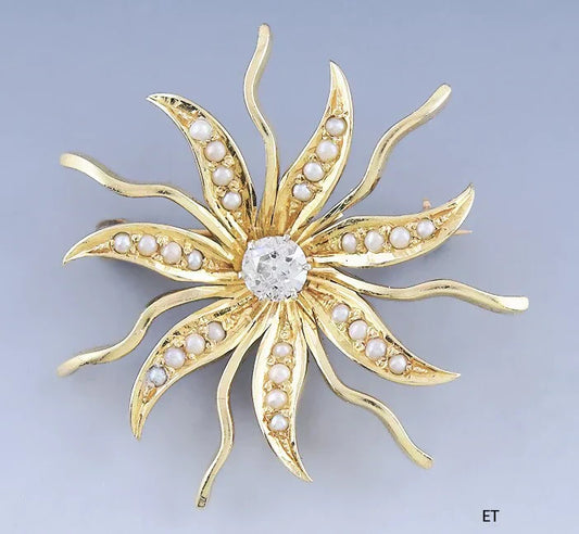 Lovely c1910s 14k Gold Diamond & Seed Pearl Starburst Pin / Brooch