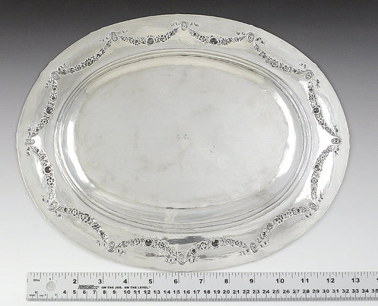 Antique 1750-1850 European Silver Wreath Festoon Tray Platter 13.5" X 10.75"