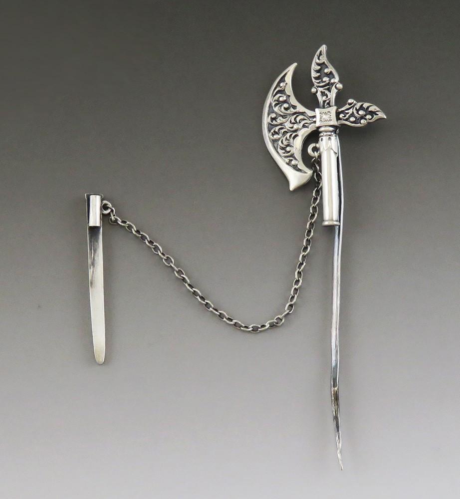 Neat Antique Victorian Sterling Silver Axe Ax Halberd Stickpin Pin
