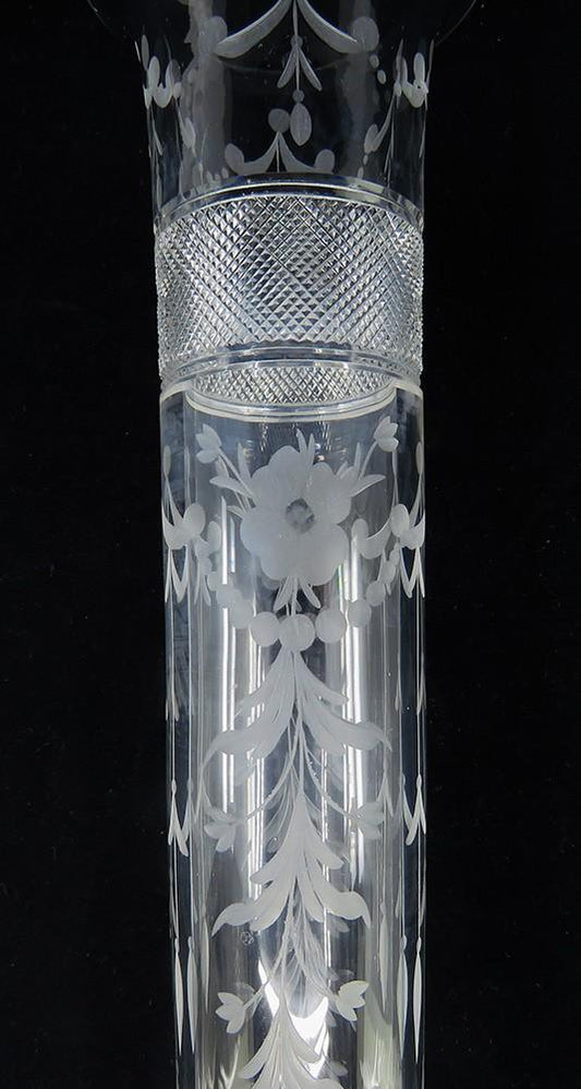 Antique c1910 Tuthill American Crystal Glass Tall Etched Trumpet Flower Vase
