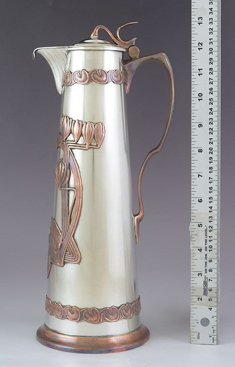c1915 Stunning Russian Silver Copper Overlay Art Nouveau Ewer / Pitcher 13"