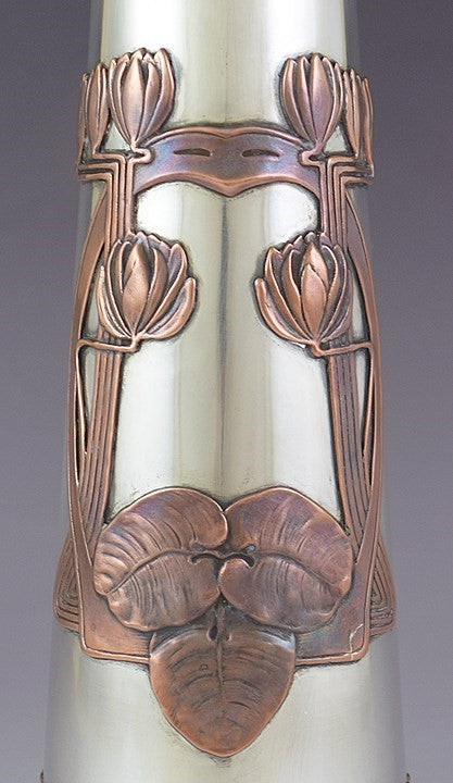 c1915 Stunning Russian Silver Copper Overlay Art Nouveau Ewer / Pitcher 13"