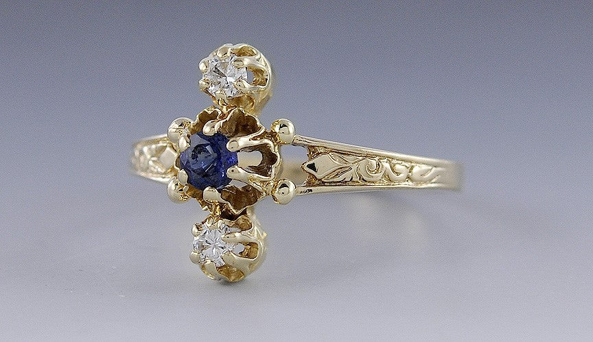 High End Modern 14K Yellow Gold Blue Sapphire & Diamond Ring Size 11.5
