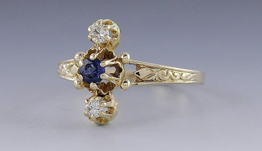 High End Modern 14K Yellow Gold Blue Sapphire & Diamond Ring Size 11.5