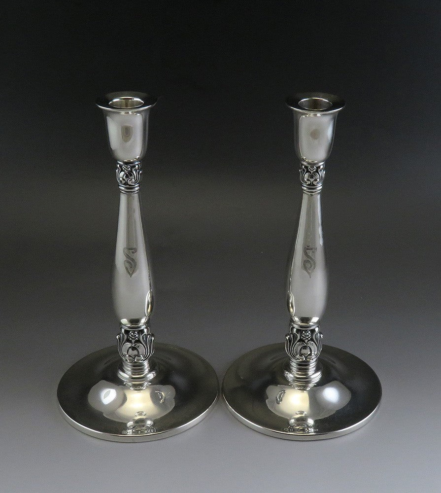 2 Vintage International Royal Danish Sterling Silver Candlesticks S Mono 9 1/2"