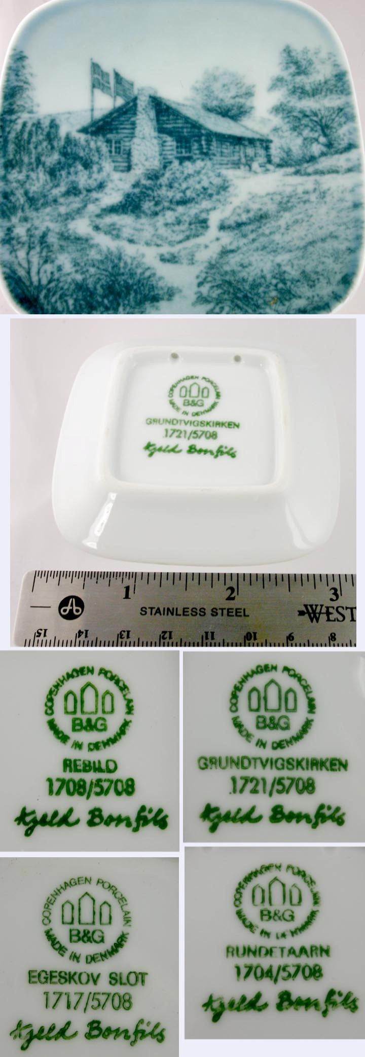 Architecture Scene Bing Grondahl Porcelain Mint Teabag Dishes or Ashtrays