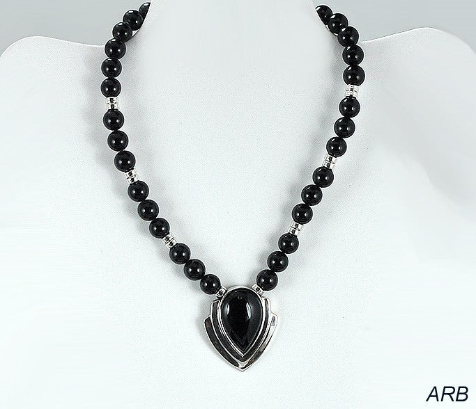 Vintage-Style Sleek Black Onyx and Sterling Silver Pendant Necklace, 16 in.