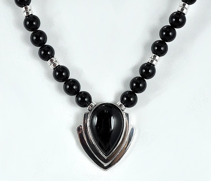 Vintage-Style Sleek Black Onyx and Sterling Silver Pendant Necklace, 16 in.